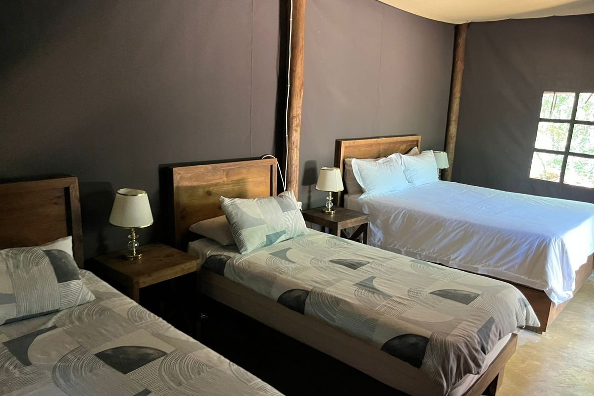 A spacious bedroom featuring canvas walls, timber support poles, and a neutral color palette, comfortably accommodating multiple beds.