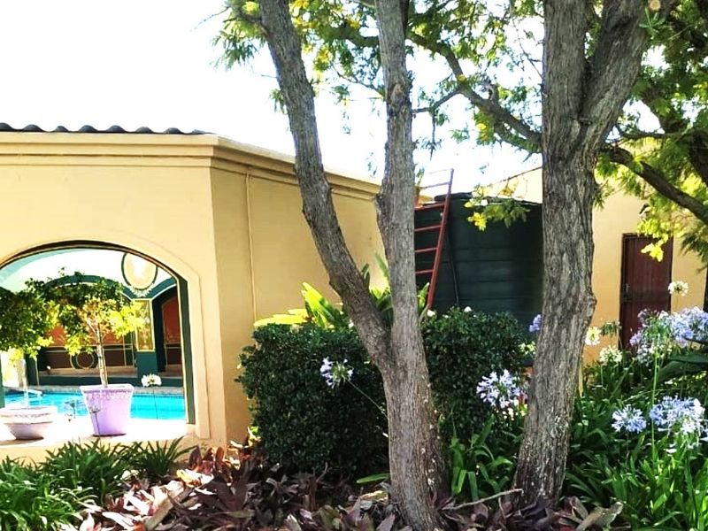 A view of the property exterior featuring a covered patio area overlooking a swimming pool, surrounded by established garden landscaping.