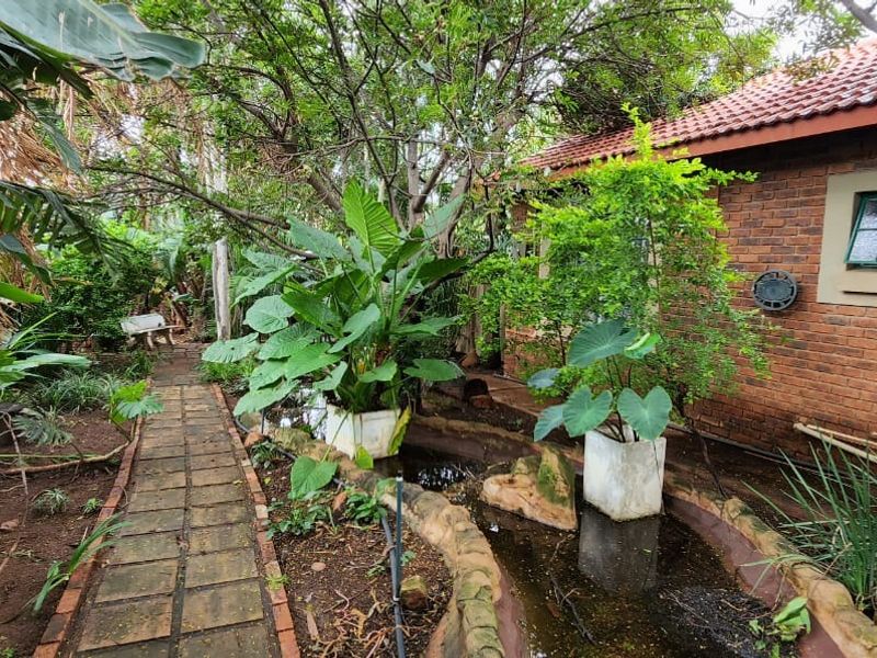 A lush, established garden featuring a brick-paved walkway, a built-in water feature, and mature landscaping alongside the property's brick exterior wall.