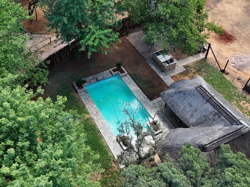 Aerial view of a small holding featuring a swimming pool, a thatched roof entertainment area, and a built-in braai set within a garden.
