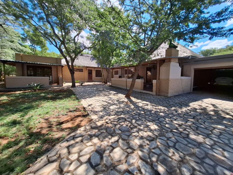 A spacious rear courtyard featuring stone paving, mature trees, a thatched roof dwelling, and a built-in outdoor fireplace.
