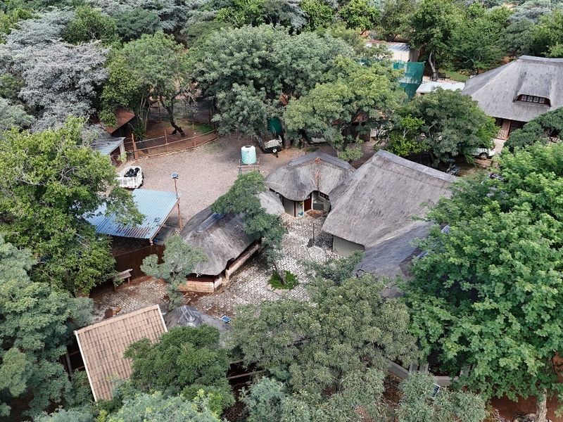 Aerial view of a small holding property featuring multiple thatched-roof buildings, a central paved courtyard, and extensive mature tree cover.