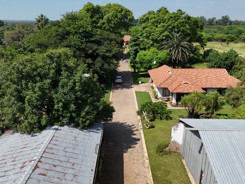 Aerial view of a residential property featuring a paved driveway, mature garden landscaping, and multiple structures with tiled and metal roofing.