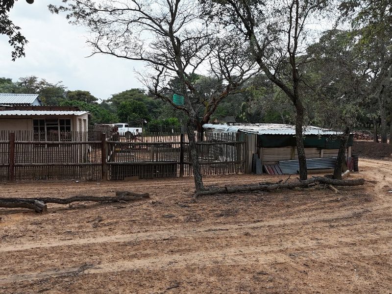 Rear view of the small holding showing basic outbuildings with corrugated metal roofing and timber pole fencing on a natural dirt landscape.