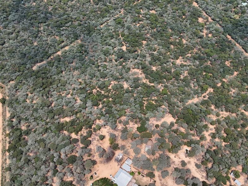 An aerial view of the small holding property, showcasing the expansive natural landscape, native bushveld, and existing outbuildings on the plot.