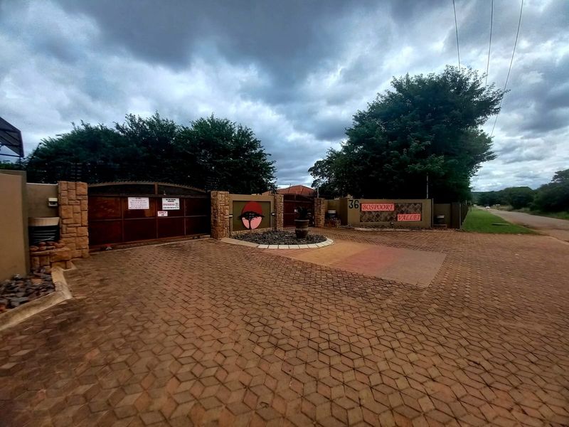Front entrance view of Bospoort Vallei featuring a paved driveway, secure electric gate, stone-clad pillars, and perimeter wall with electric fencing.