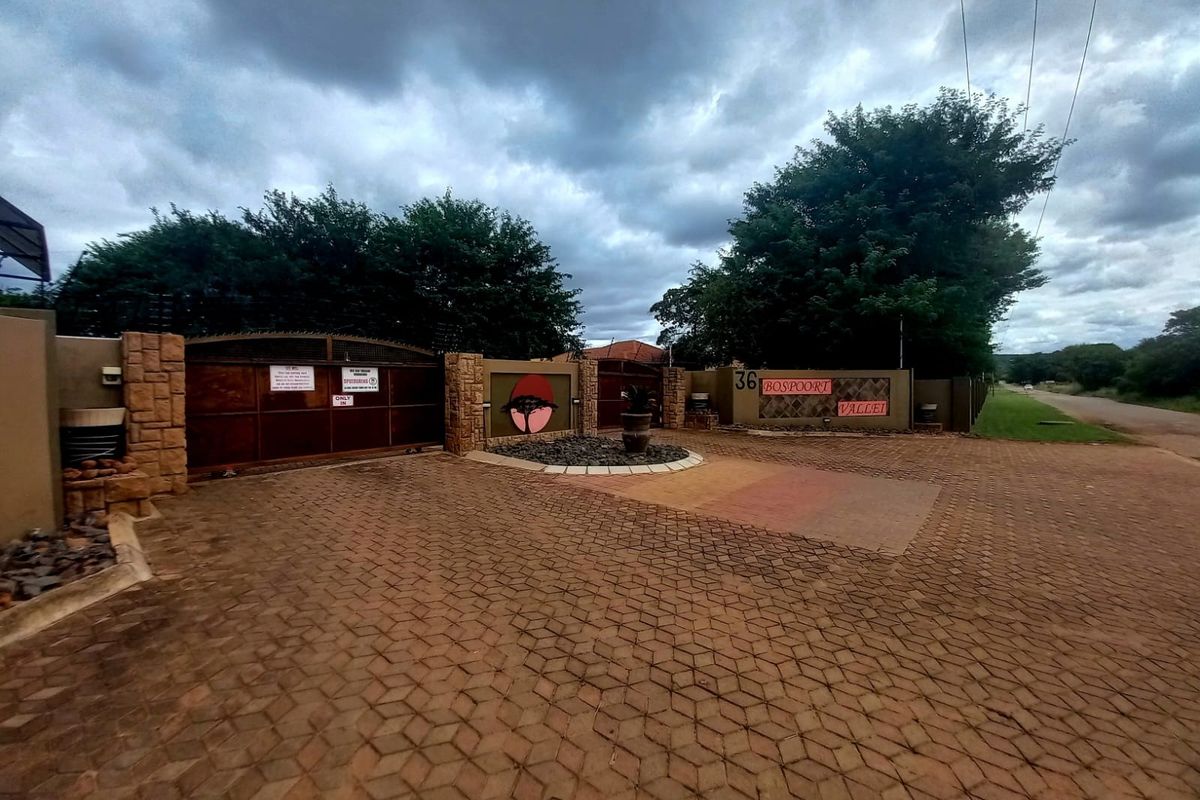 Front entrance view of Bospoort Vallei featuring a paved driveway, secure electric gate, stone-clad pillars, and perimeter wall with electric fencing.