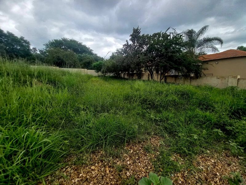 A vacant residential plot featuring overgrown grass and mature trees, enclosed by a perimeter wall.