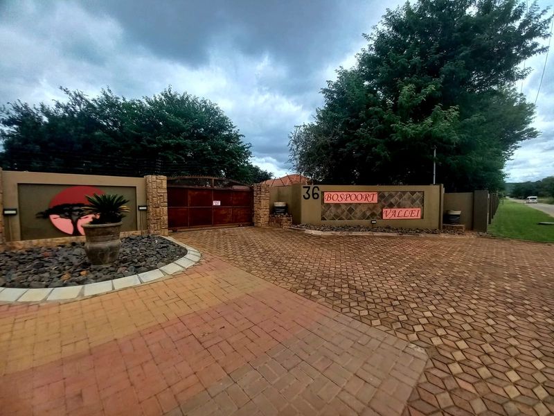 Front entrance view of the property featuring a paved driveway, secure metal gate, perimeter wall with electric fencing, and decorative stone cladding.