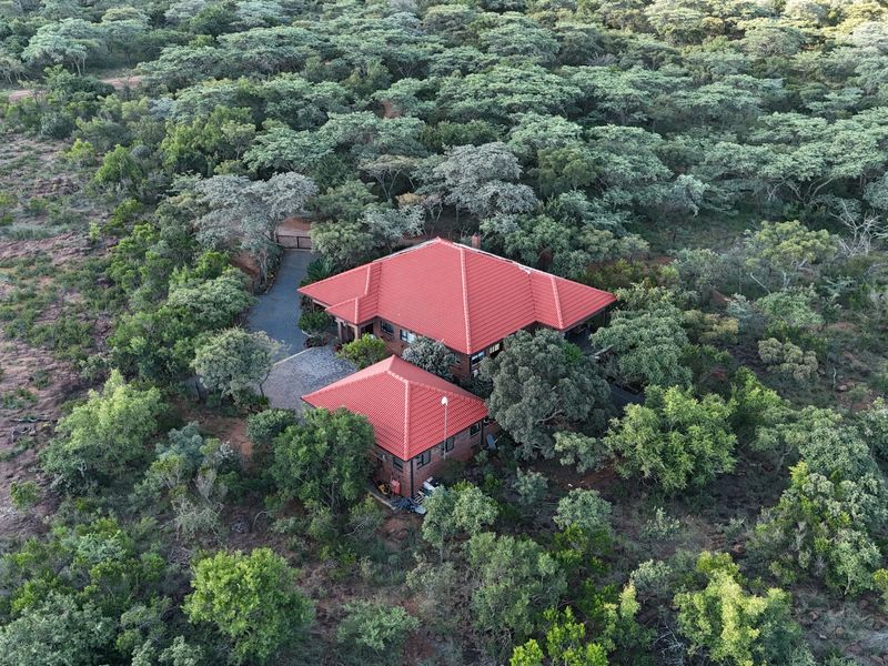 Aerial view of a residential property with a red tiled roof, nestled within a lush, wooded natural landscape.