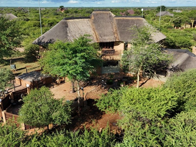 Aerial view of a guest house property featuring a traditional thatch roof, brick patio area, and surrounding natural bushveld landscape.