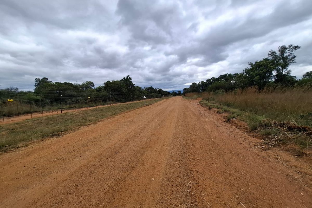 A view of an unpaved access road bordering a property with electric fencing and natural vegetation under a cloudy sky.