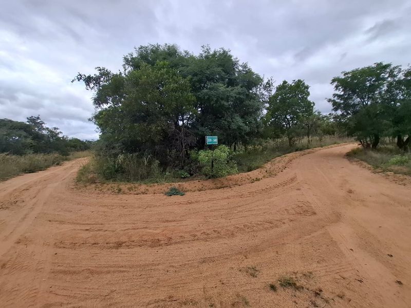 A view of a dirt road intersection on a vacant residential plot, featuring natural vegetation and property signage.