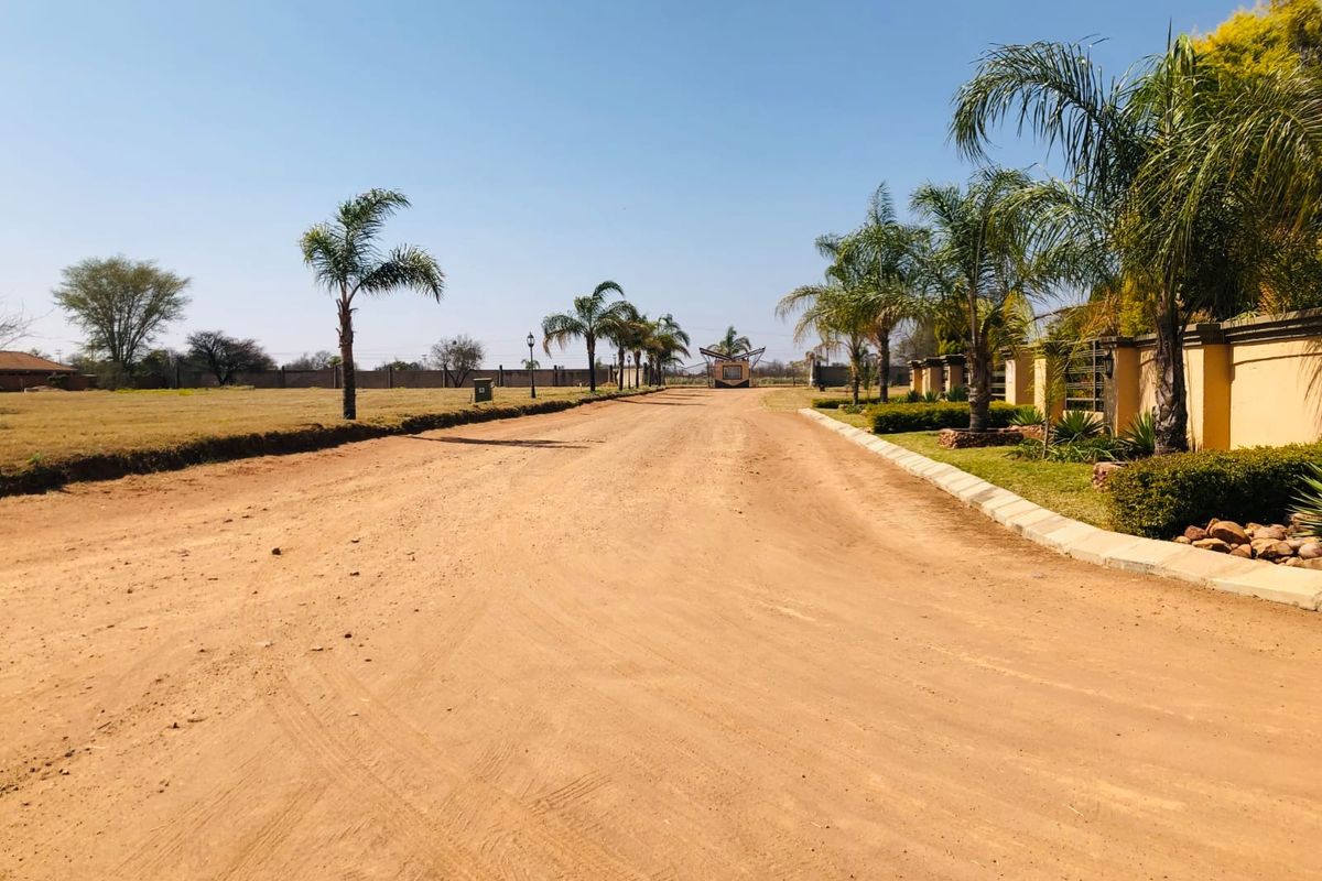 A view of the unpaved access road leading to the property, featuring perimeter walls and established palm tree landscaping.