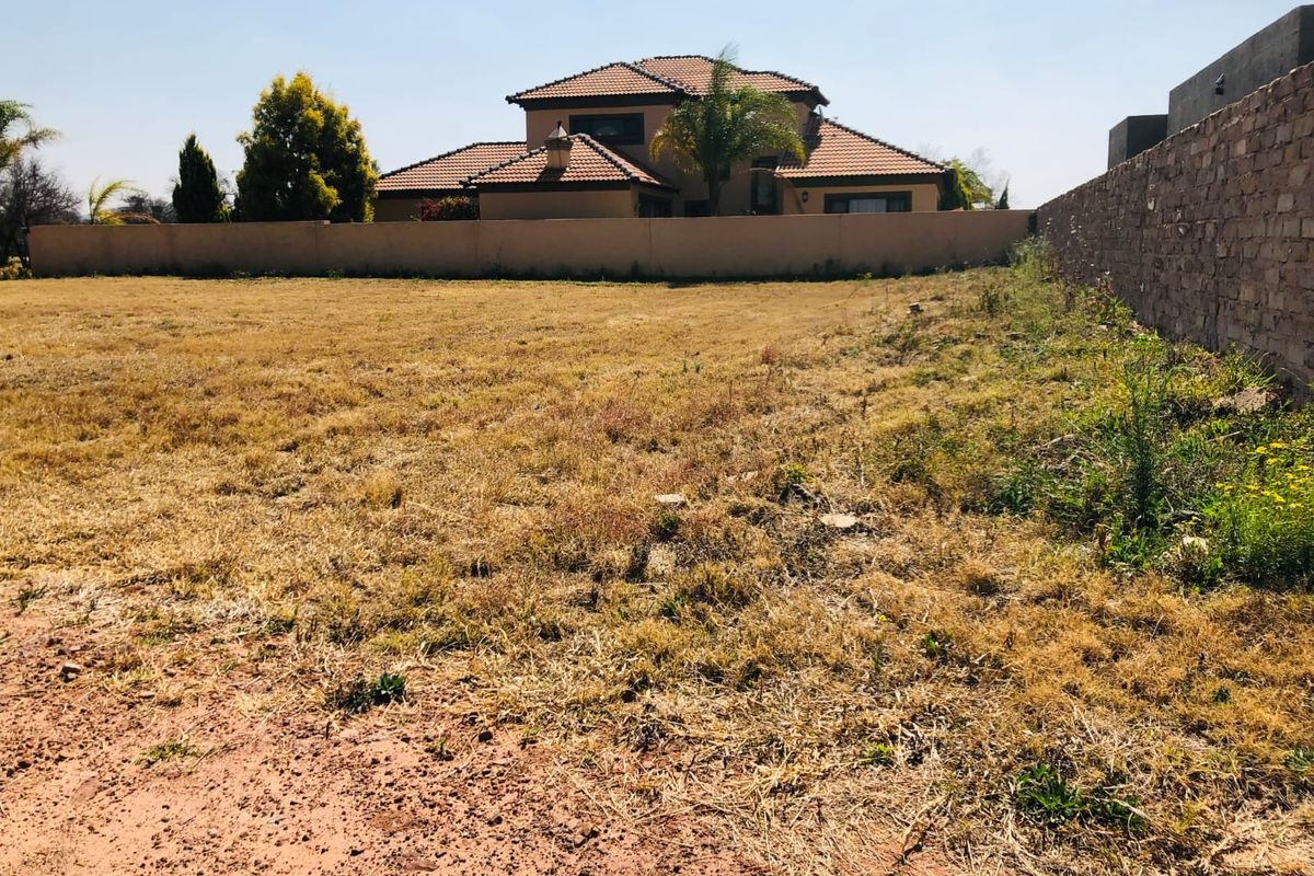 A view of a vacant residential plot featuring dry grass, enclosed by a perimeter wall and a stone boundary wall.