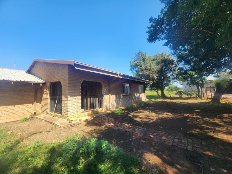 Rear view of a facebrick small holding dwelling featuring a metal roof, security bars on windows, and a brick pathway leading through the garden area.