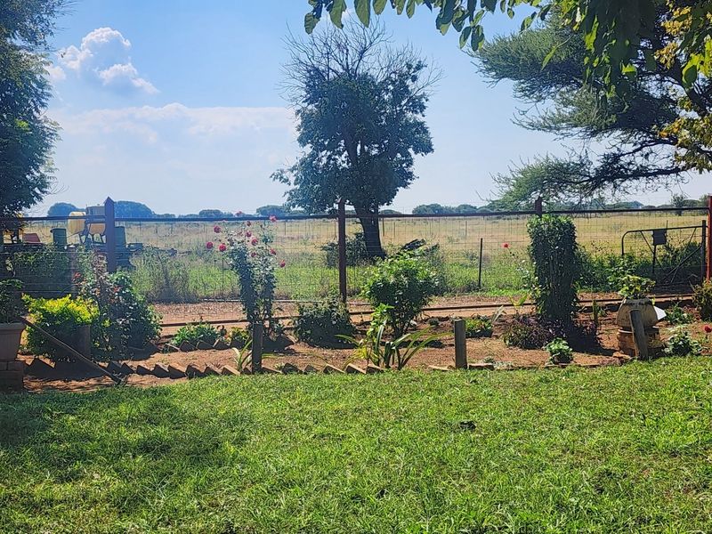 A view of the garden area featuring established landscaping, brick edging, and wire mesh perimeter fencing overlooking the surrounding small holding landscape.