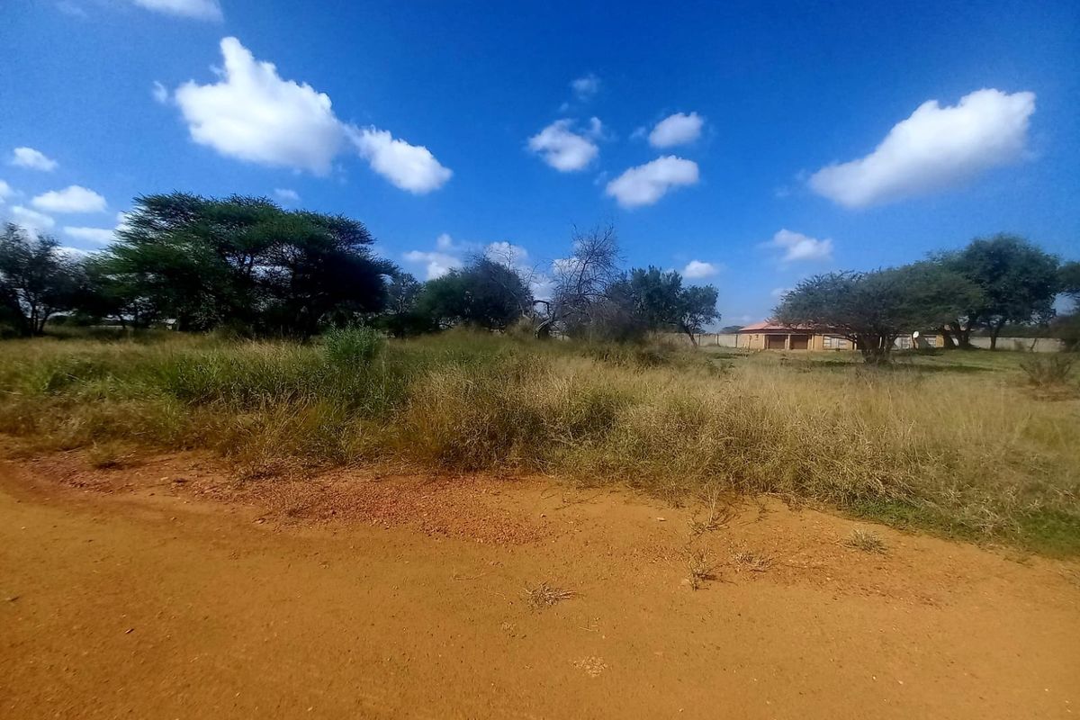 A view of a vacant residential plot featuring natural vegetation, mature trees, and perimeter fencing, accessible via a dirt road.
