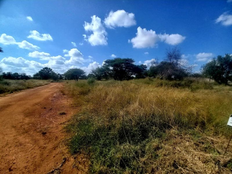 A view of a vacant residential plot featuring a dirt access road and natural vegetation under a clear blue sky.