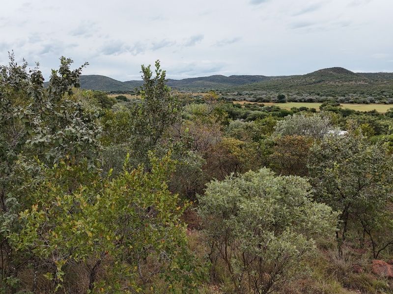A scenic view of the natural landscape featuring native bushveld vegetation and rolling hills in the distance.