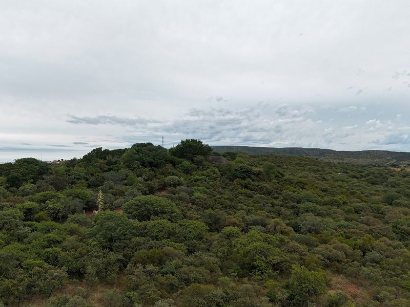 An aerial view of a large, undeveloped residential plot featuring dense native vegetation and hilly terrain.