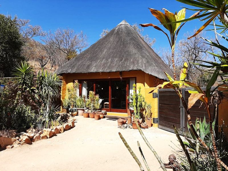 A charming cottage featuring a traditional thatched roof, timber sliding doors, and a landscaped garden with stone retaining walls.
