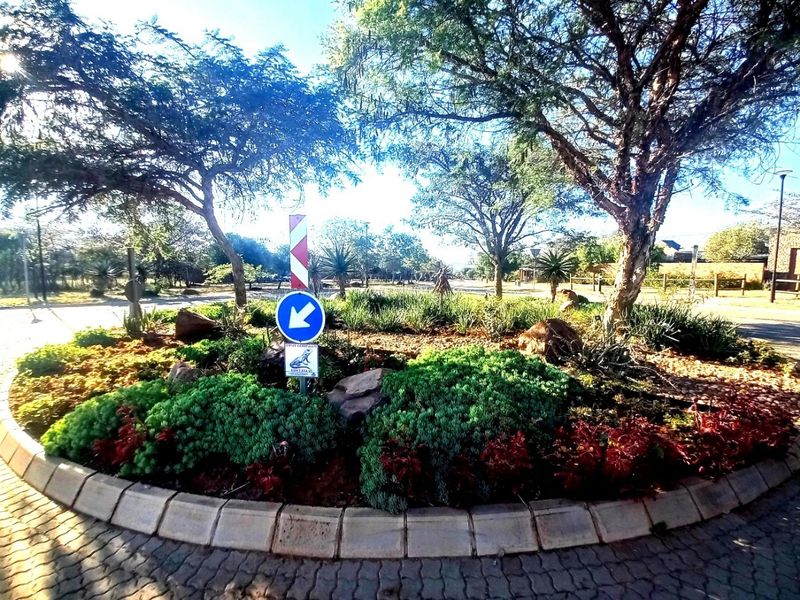 A well-maintained landscaped roundabout featuring mature trees, shrubs, and paved curbing within the residential estate.