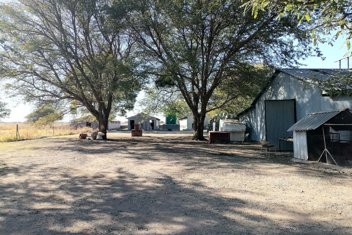 A spacious outdoor yard area on a small holding featuring multiple corrugated iron outbuildings, mature trees, and a water storage tank.