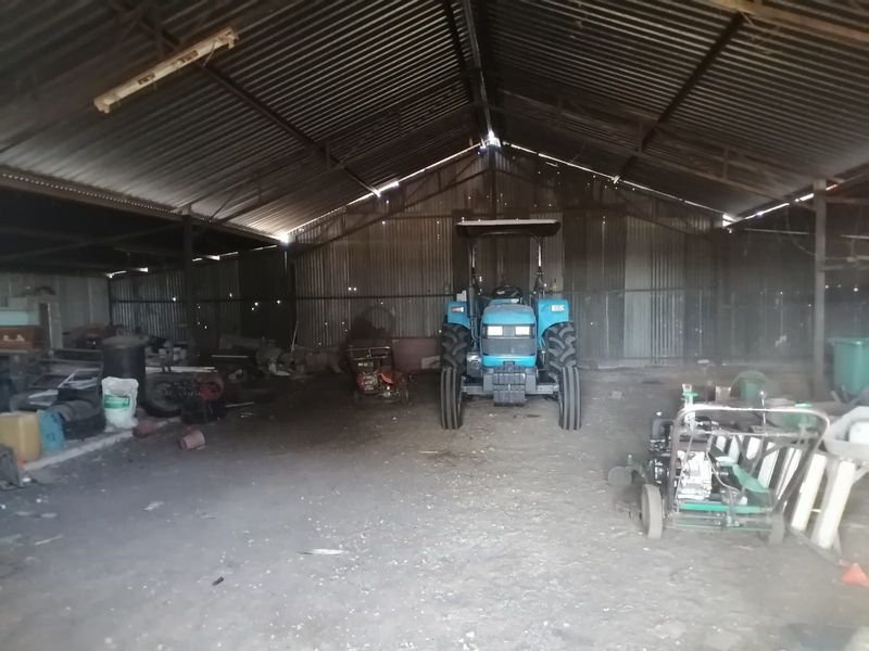 Large open-plan agricultural storage shed or garage featuring corrugated metal roofing and wall cladding with a dirt floor.