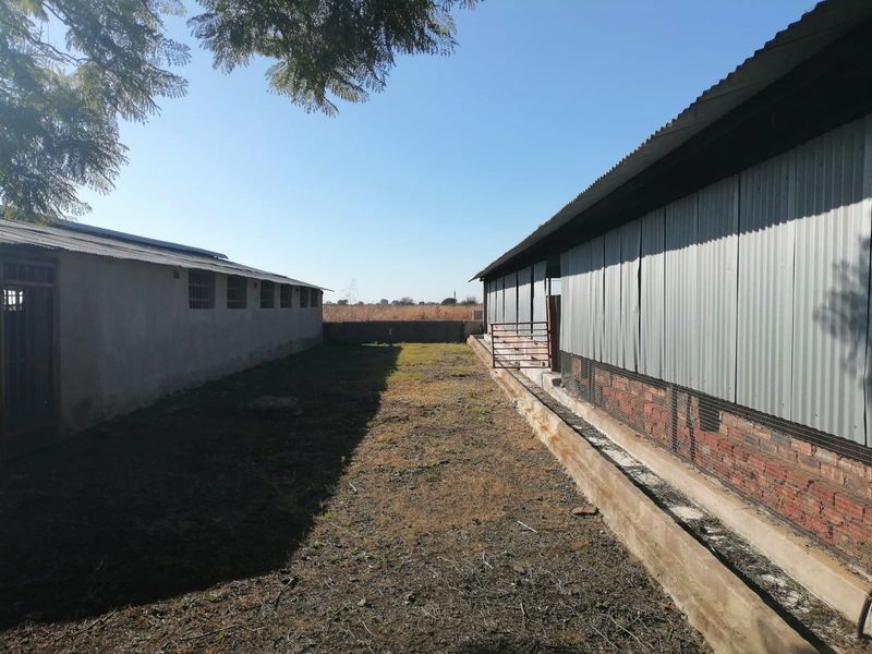 Outdoor utility area between two agricultural outbuildings featuring corrugated metal cladding, brick foundations, and concrete drainage channels on a small holding property.