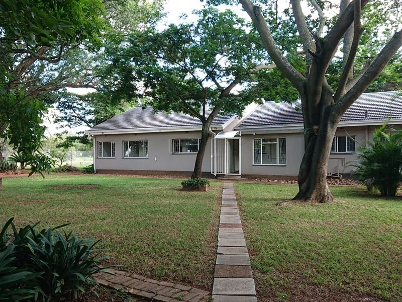 A well-maintained rear exterior view of the property featuring a spacious lawn, mature trees, and a paved pathway leading to the entrance.