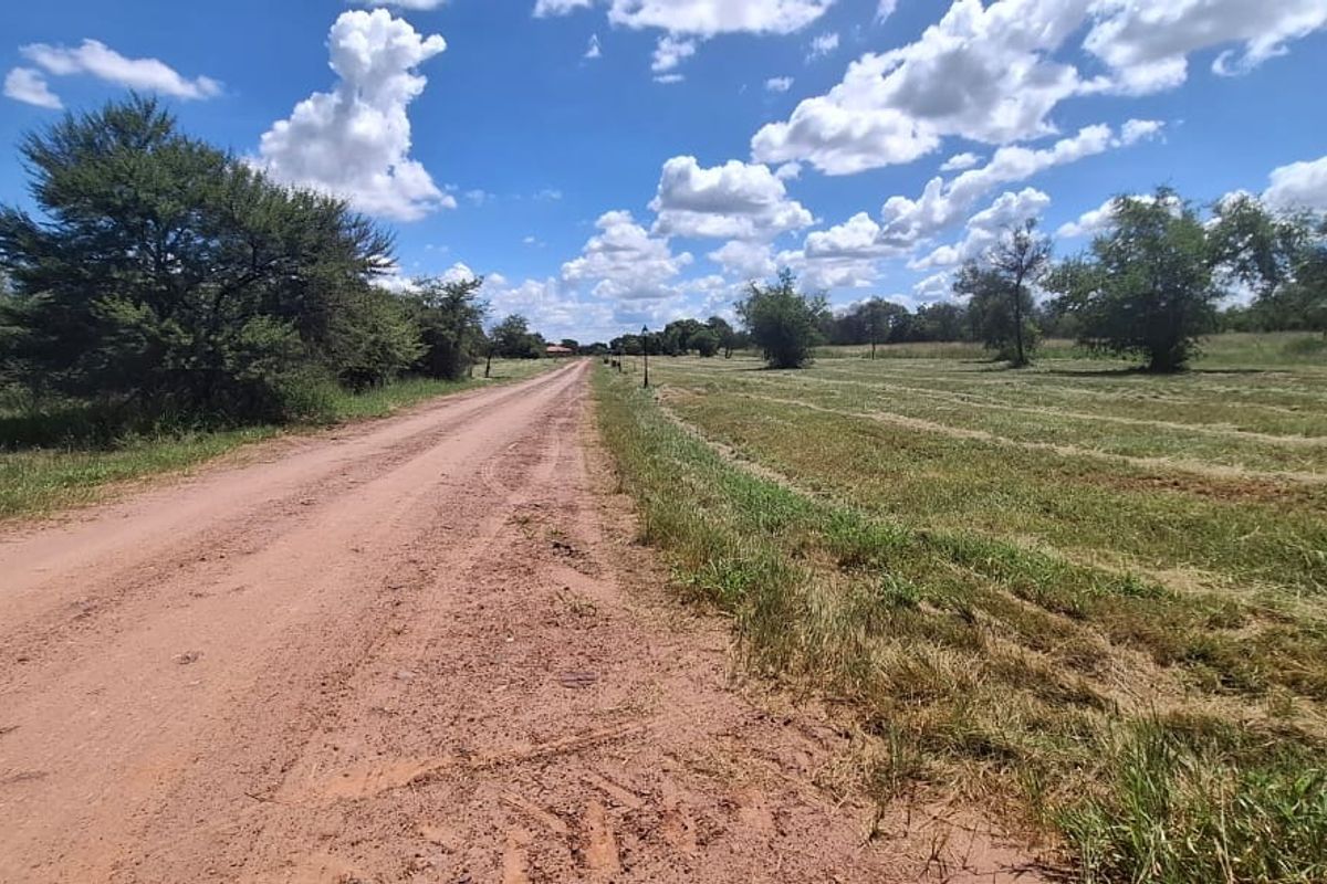 A view of an unpaved dirt road leading through a grassy residential land plot under a clear blue sky.
