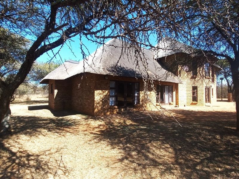 A rear view of a face brick house featuring a traditional thatch roof and multiple sliding glass door access points.