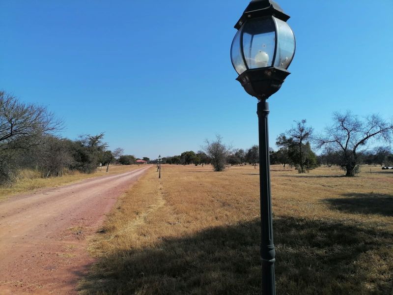 A view of a dirt road leading through a vacant residential plot, featuring installed street lighting along the path.