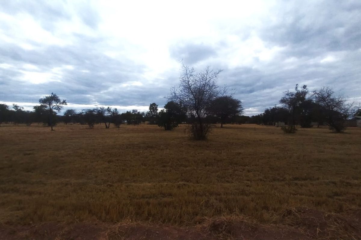A wide-angle view of a vacant residential plot featuring natural grassland and scattered native trees under a cloudy sky.