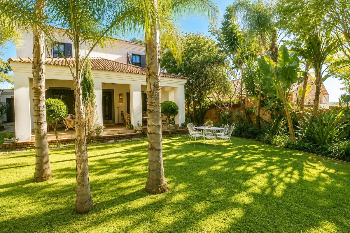 A well-maintained rear garden featuring a lush lawn, mature palm trees, and a covered patio area attached to the main house structure.