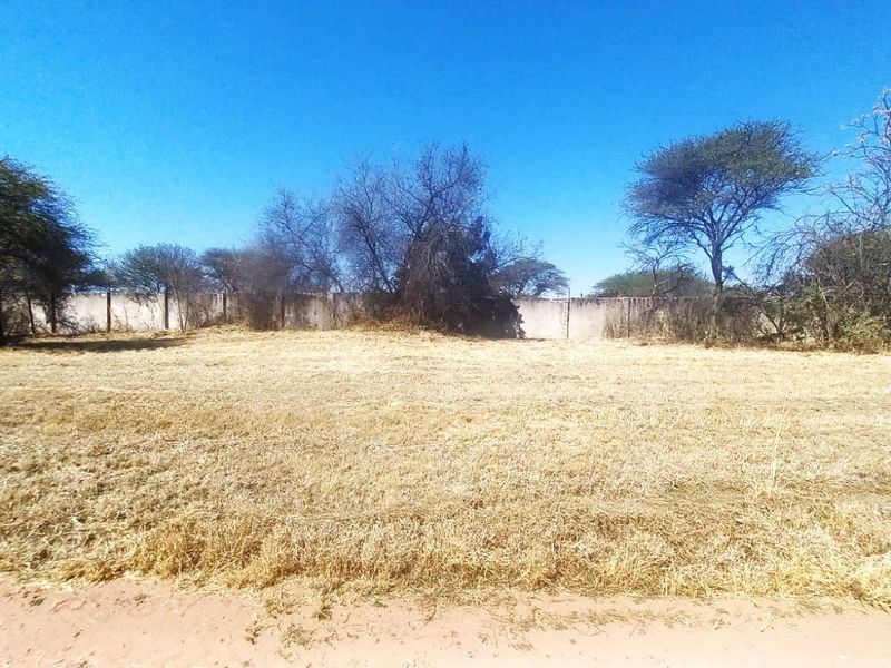 A vacant residential plot featuring dry grass, mature trees, and a perimeter wall, offering a clear space for future development.