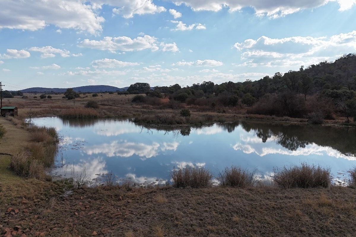 A scenic view of a natural pond set within a rural landscape, featuring surrounding vegetation and rolling hills under a clear sky.