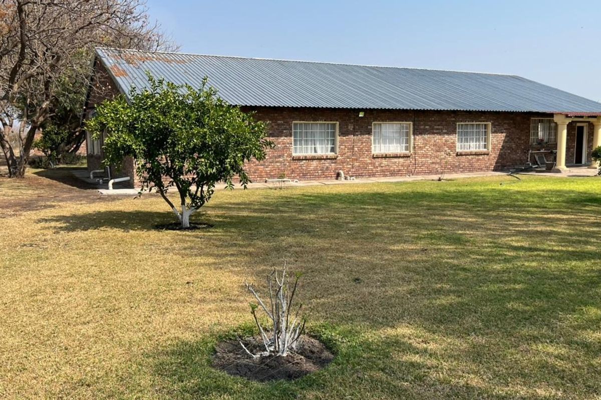 Rear view of a facebrick small holding dwelling featuring a corrugated metal roof and a covered patio area overlooking the garden.