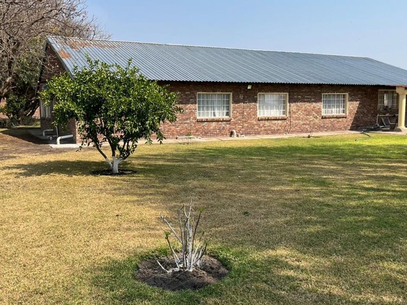 Rear view of a facebrick small holding dwelling featuring a corrugated metal roof and a covered patio area overlooking the garden.