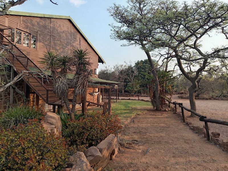 A view of the rear timber-clad house elevation featuring a wooden staircase, stone masonry accents, and a natural garden setting with rustic fencing.