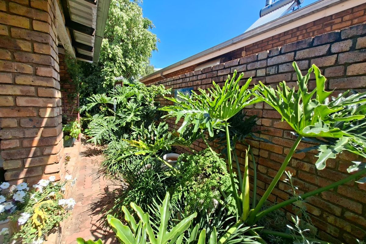 A side garden pathway featuring a brick boundary wall, paved flooring, and a solar water heater mounted on the roof.