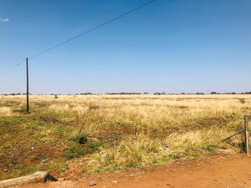 A wide, open residential vacant land plot featuring dry grass, a utility pole, and perimeter fencing under a clear blue sky.