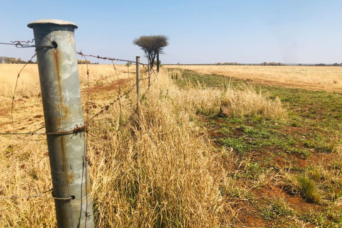 A view of a vacant residential plot featuring dry grassland and a perimeter barbed wire fence with metal posts.