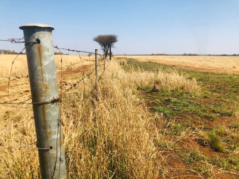 A view of a vacant residential plot featuring dry grassland and a perimeter barbed wire fence with metal posts.
