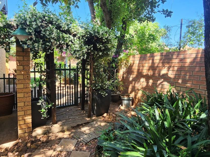 A private garden area featuring a brick boundary wall, a timber pergola with climbing plants, and a secure metal gate entrance.