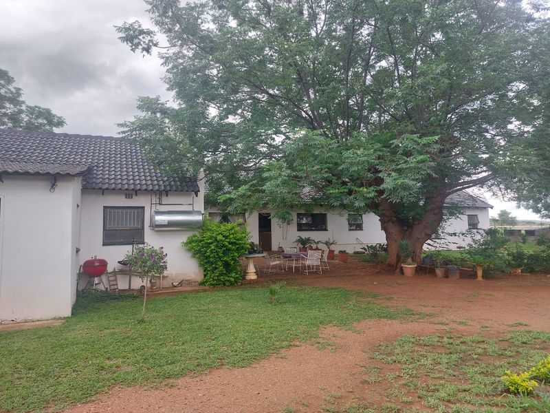 Rear view of the small holding dwelling featuring a tiled roof, solar geyser, and a spacious garden area with mature trees.