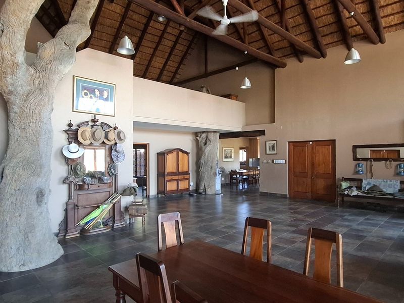 Spacious open-plan living area featuring a high thatched roof with exposed timber trusses, tiled flooring, and a unique integrated tree trunk architectural element.