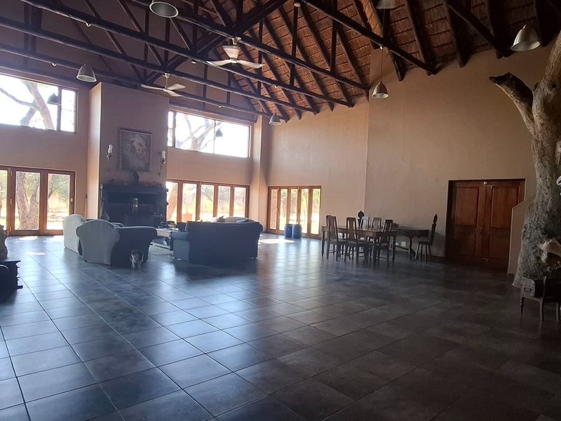Spacious open-plan living and dining area featuring a high thatched roof with exposed timber trusses, large windows, and tiled flooring.