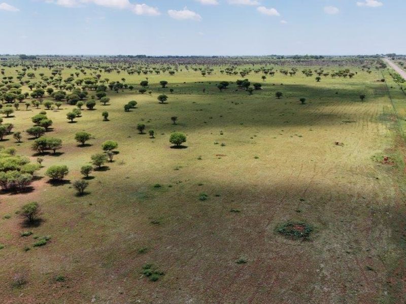 An aerial view of expansive farm land featuring natural vegetation and direct road access.